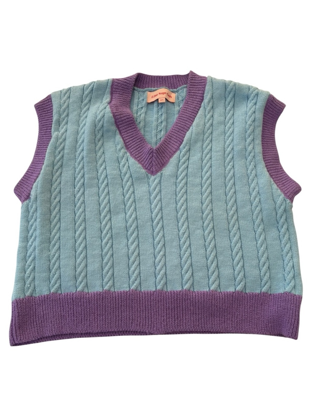 Lisa Says Gah medium large Sky Blue Cable-Knit V-Neck Sweater Vest Purple Trim